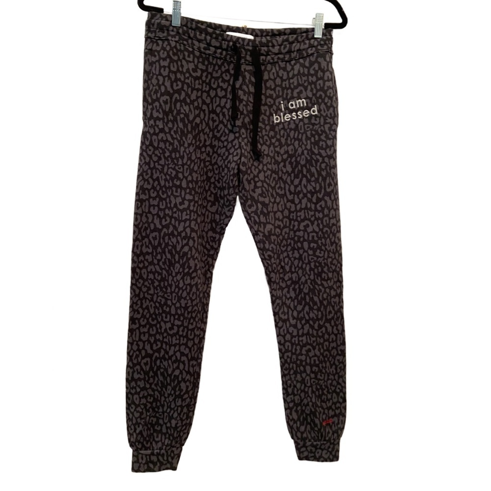 Peace Love World French Terry Jogger Pant I Am Blessed Black Gray Leopard XS New